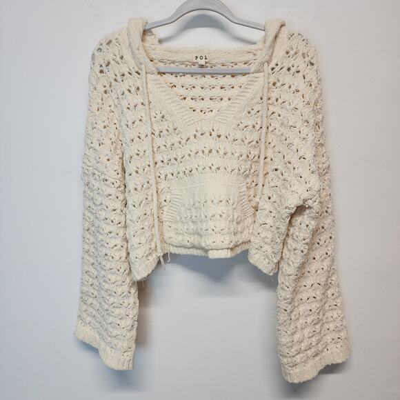 POL Flare Sleeve Oversized Sweater Size L Cream Crop Pointelle Hooded Chenille - Picture 13 of 14